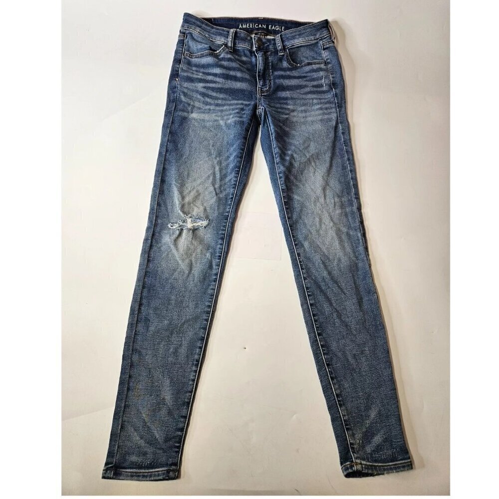 American Eagle Blue Skinny Jeans Stretch Distressed Low Rise Women's 6 Regular